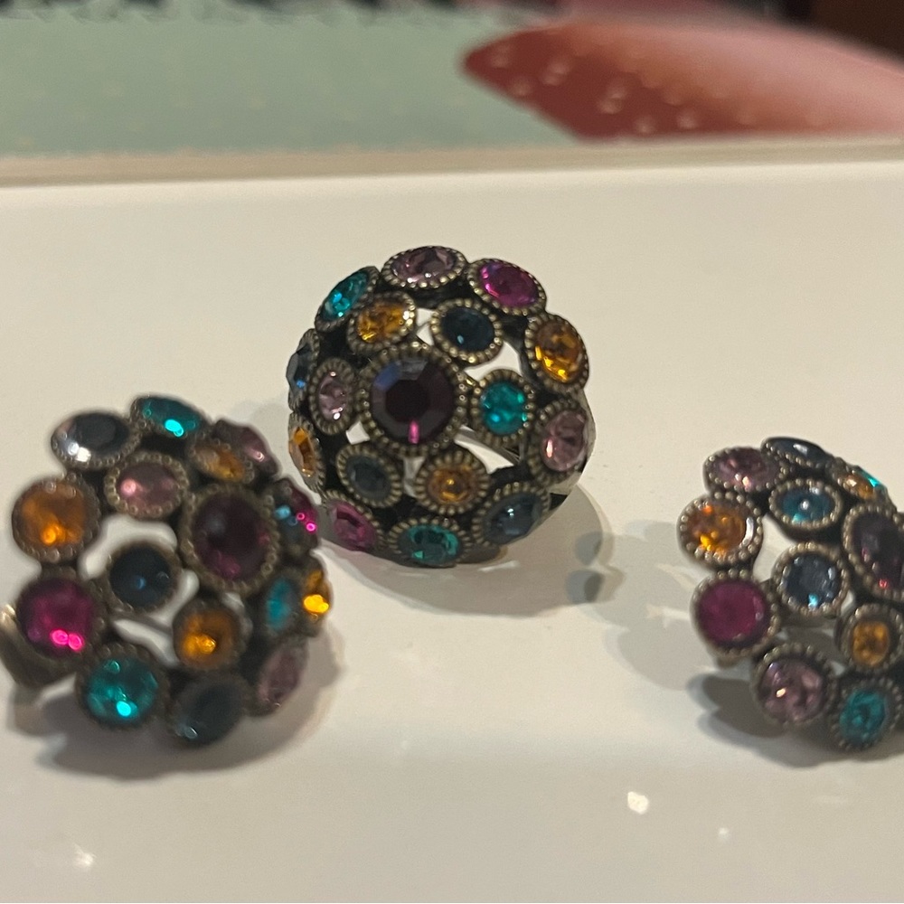 Multicolored gem matching ring clip on earrings